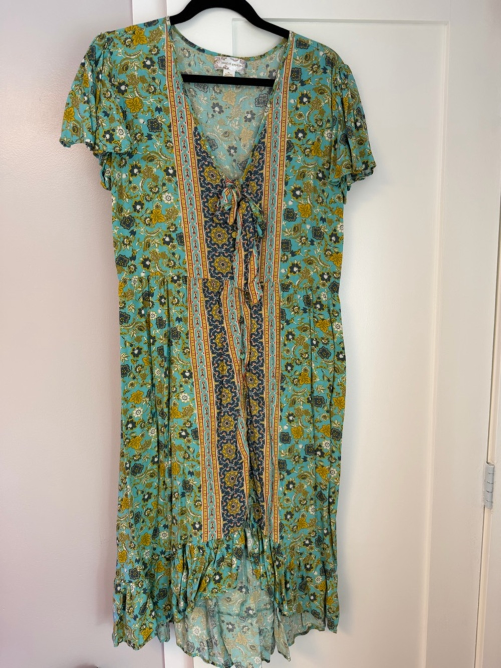 Band of Gypsies Teal Floral Tie-Front Maxi Dress